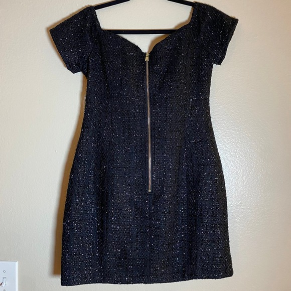 AQUA Black Tweed Mini Dress Off Shoulder Party Cocktail Rhinestone Buttons M - Picture 5 of 16